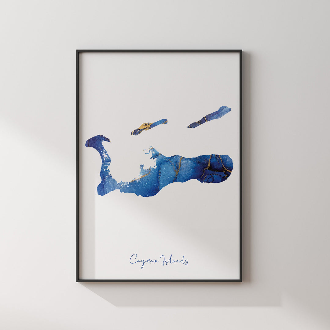 Cayman Islands Map Blue and Gold Wall Art Print