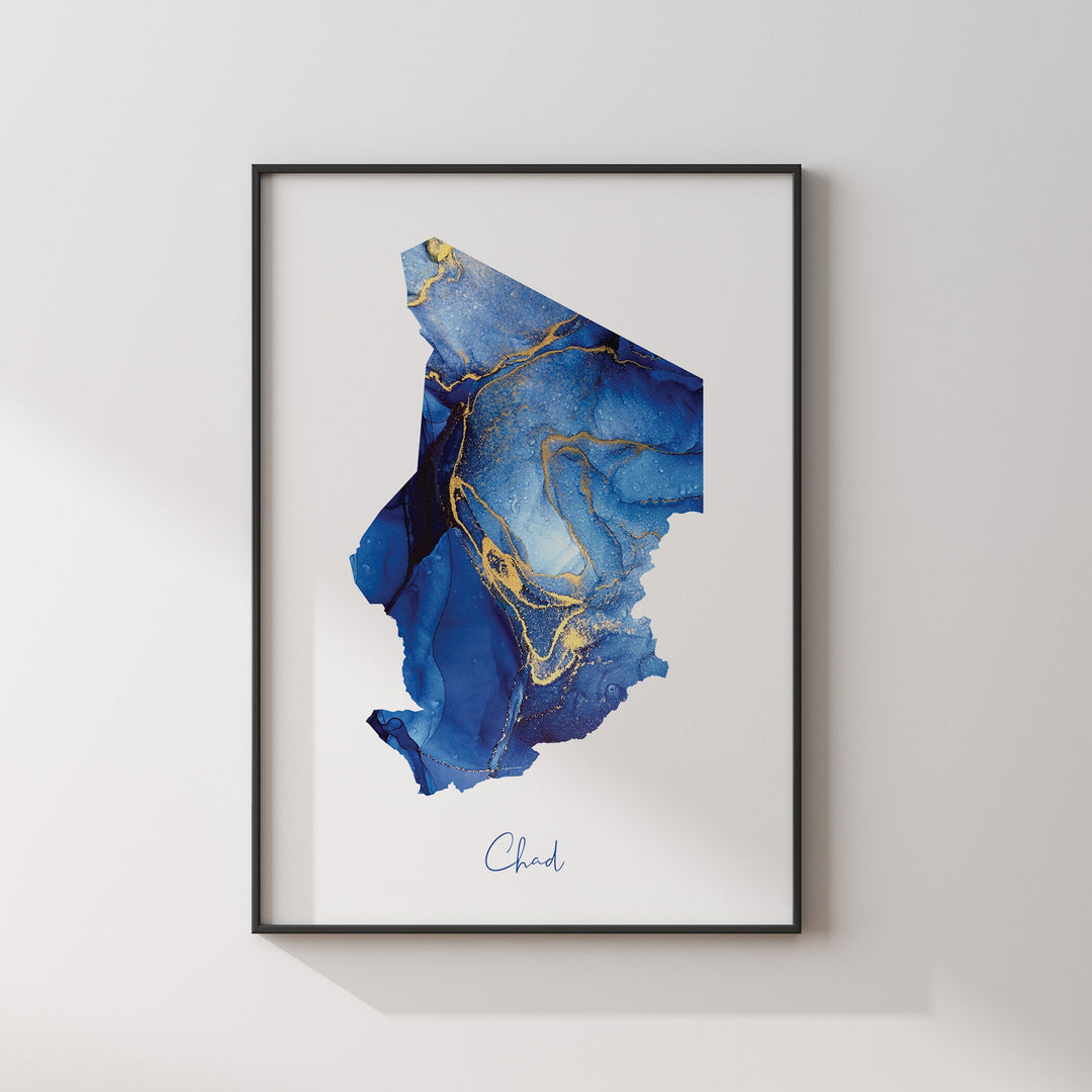 Chad Map Blue and Gold Wall Art Print