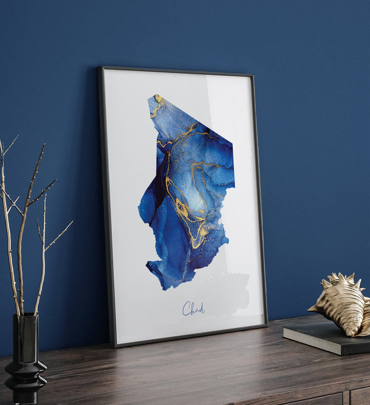 Chad Map Blue and Gold Wall Art Print