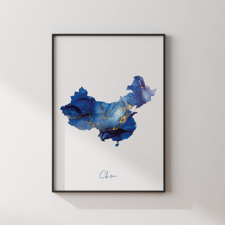 China Map Blue and Gold Wall Art Print