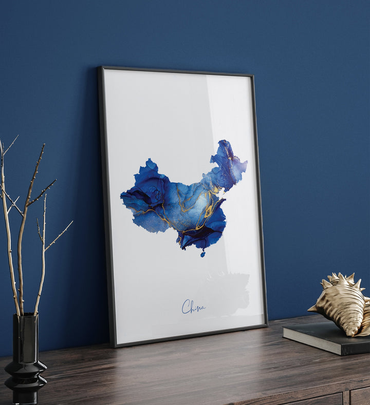China Map Blue and Gold Wall Art Print