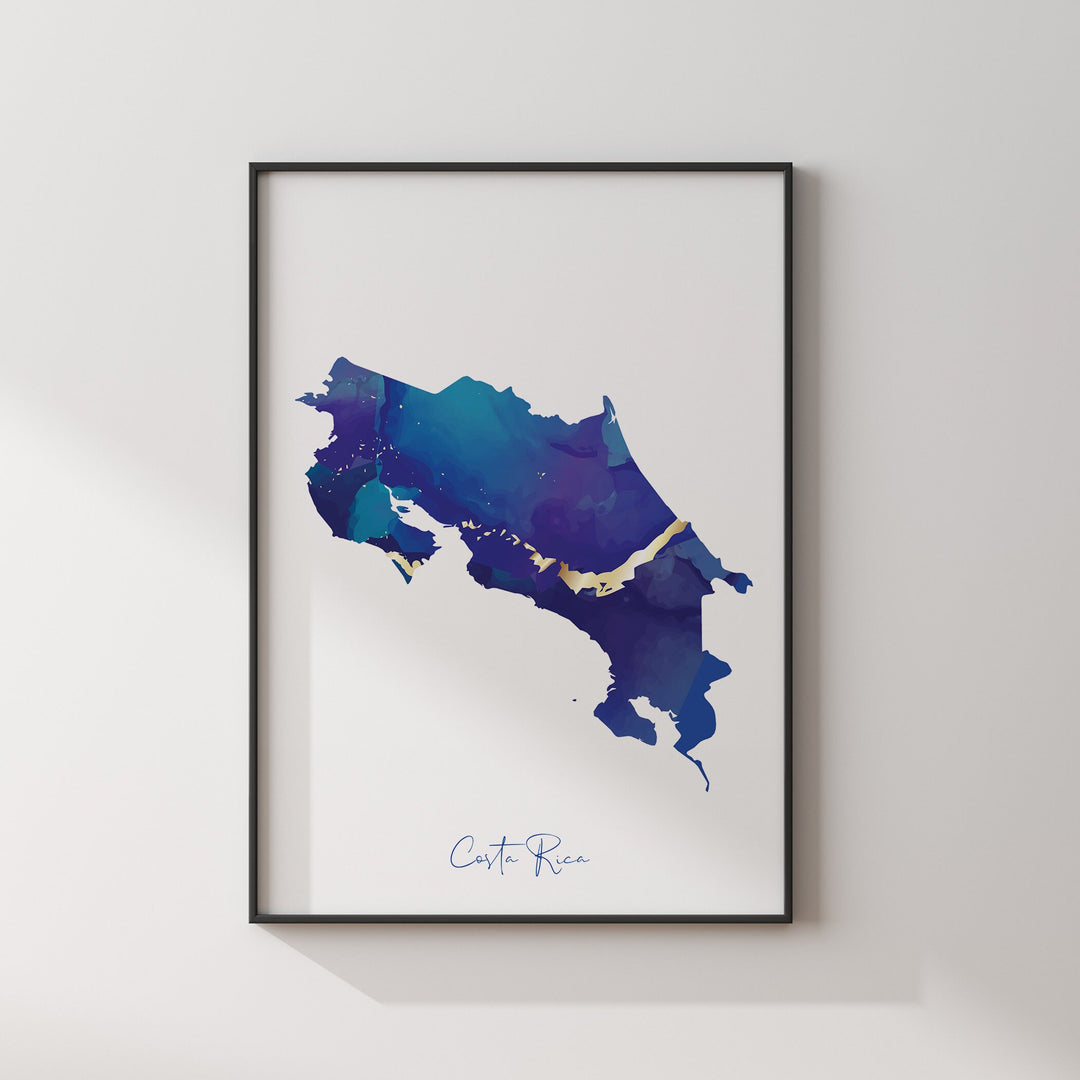 Costa Rica Map Blue and Gold Wall Art Print