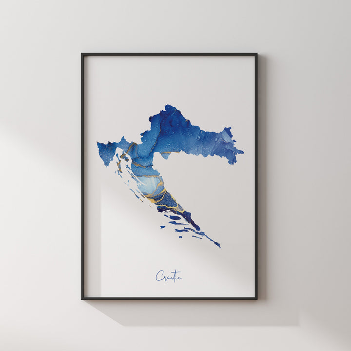 Croatia Map Blue and Gold Wall Art Print