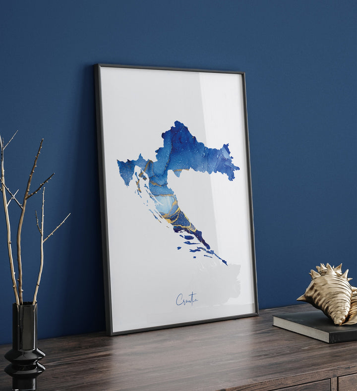 Croatia Map Blue and Gold Wall Art Print
