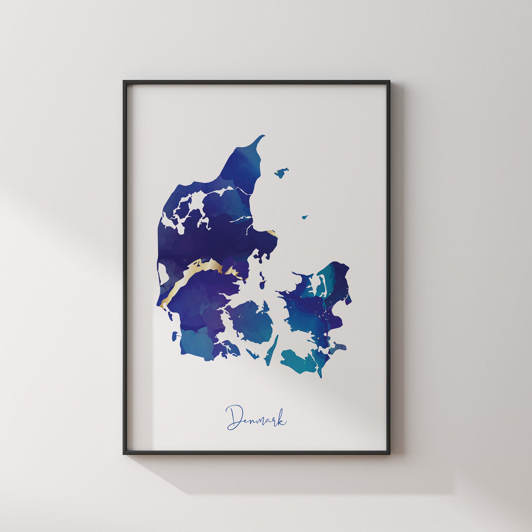 Denmark Map Blue and Gold Wall Art Print