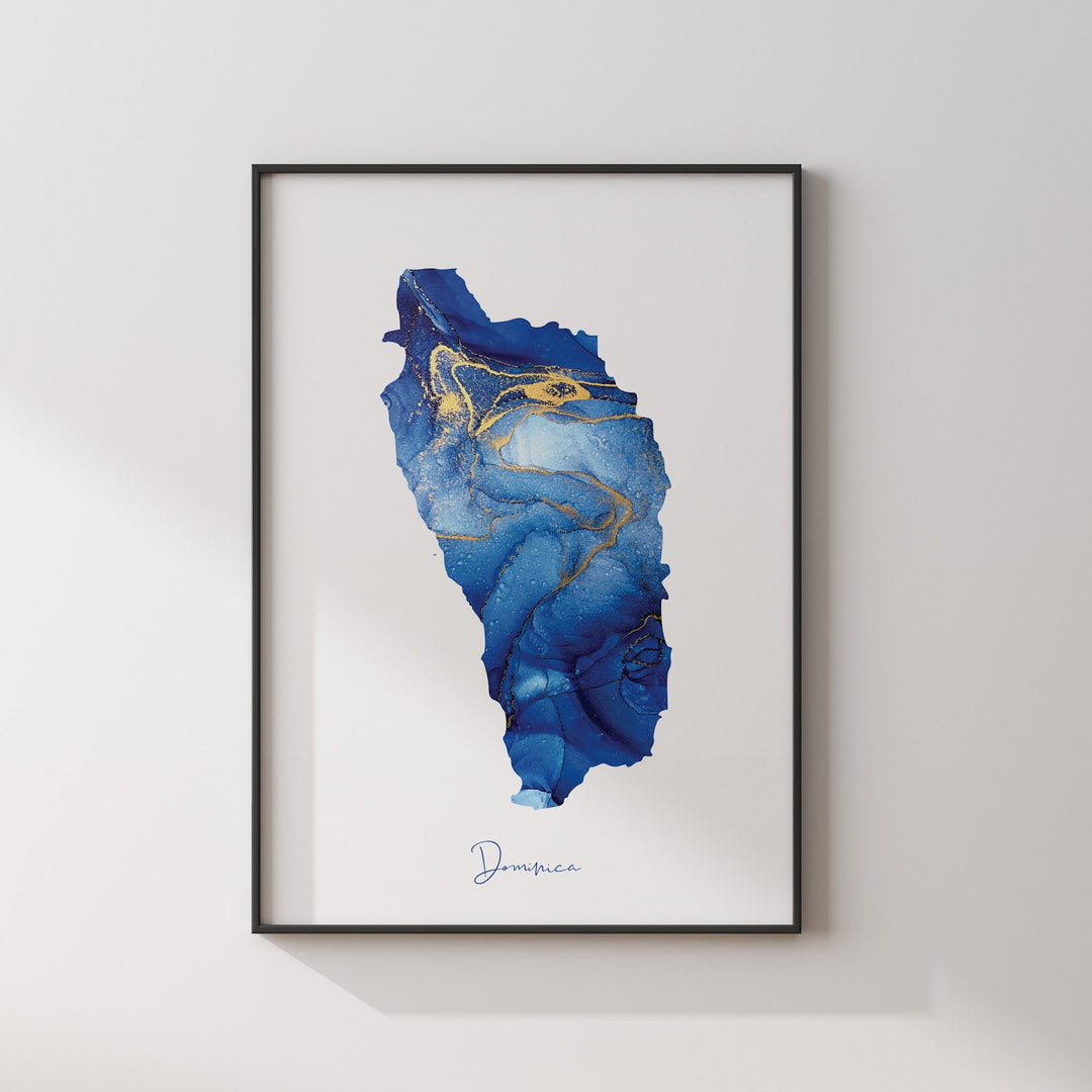 Dominica Map Blue and Gold Wall Art Print
