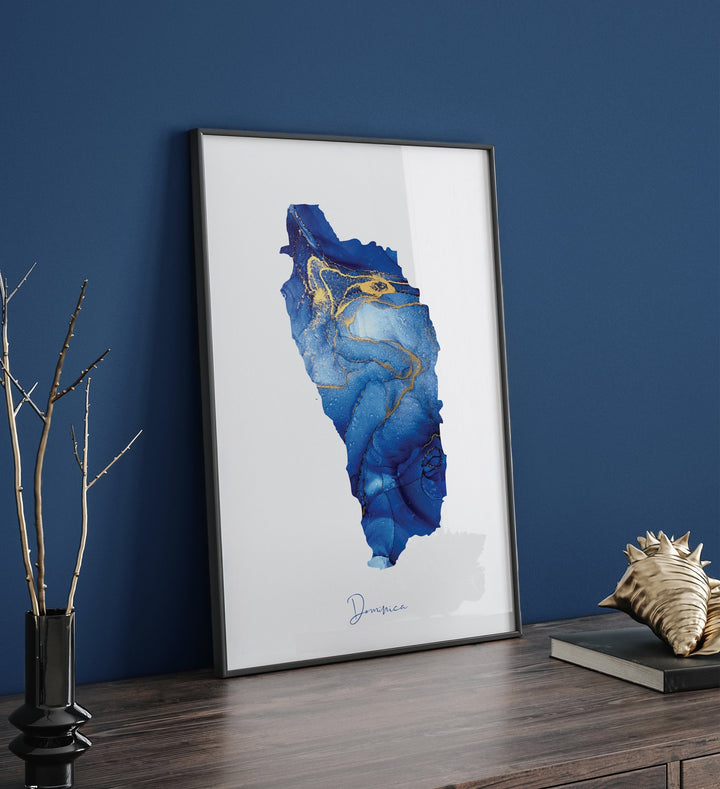 Dominica Map Blue and Gold Wall Art Print