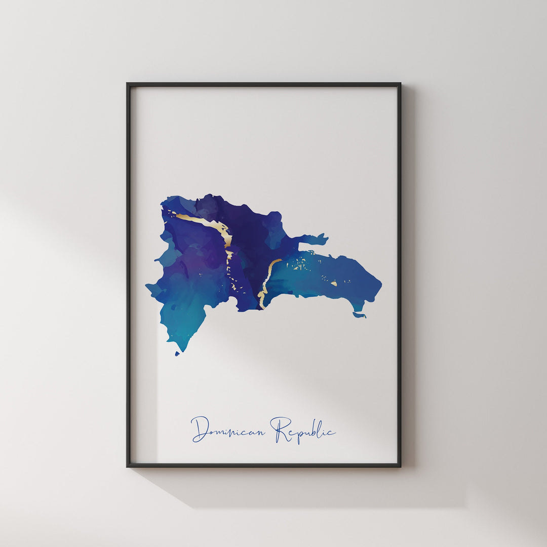 Dominican Republic Map Blue and Gold Wall Art Print