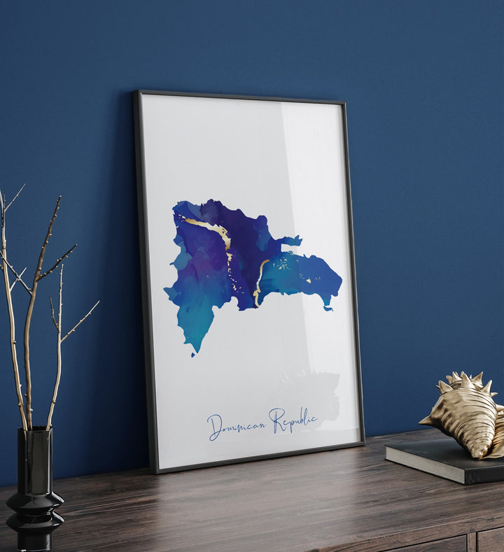 Dominican Republic Map Blue and Gold Wall Art Print