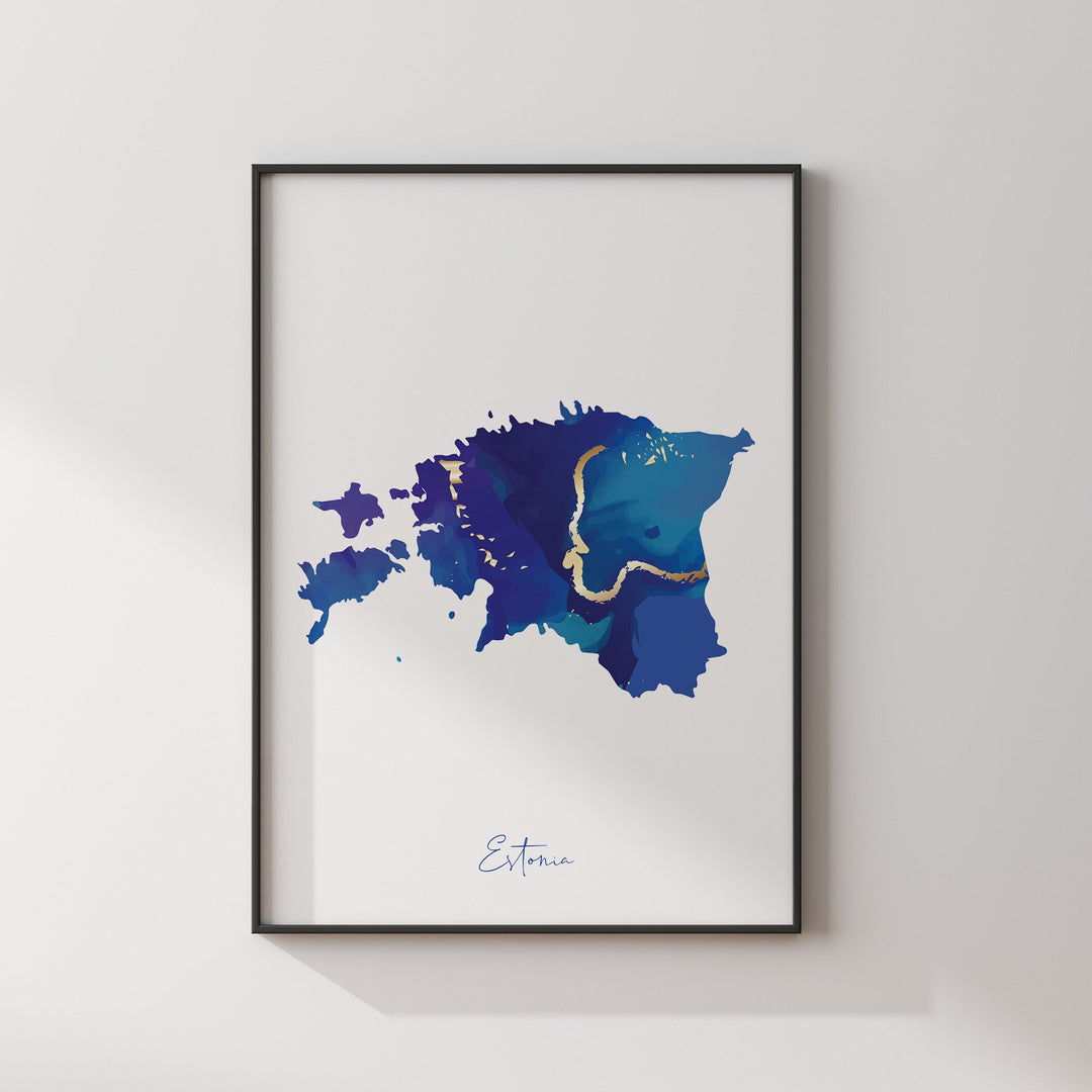 Estonia Map Blue and Gold Wall Art Print