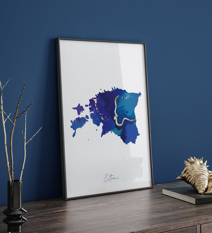 Estonia Map Blue and Gold Wall Art Print