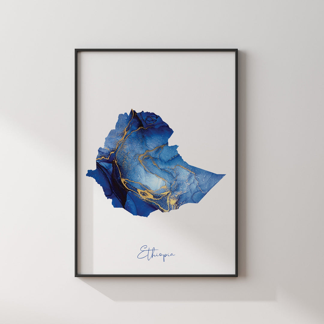 Ethiopia Map Blue and Gold Wall Art Print
