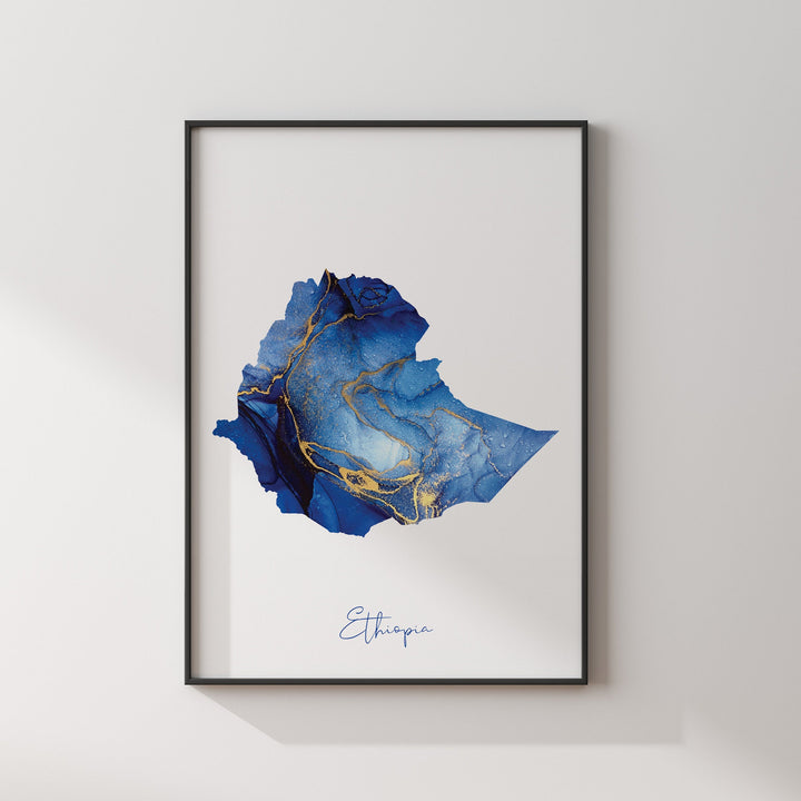 Ethiopia Map Blue and Gold Wall Art Print