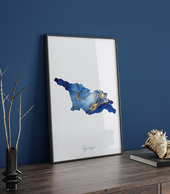Georgia Map Blue and Gold Wall Art Print