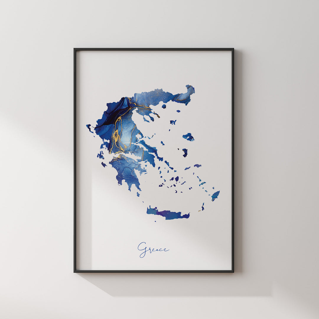 Greece Map Blue and Gold Wall Art Print