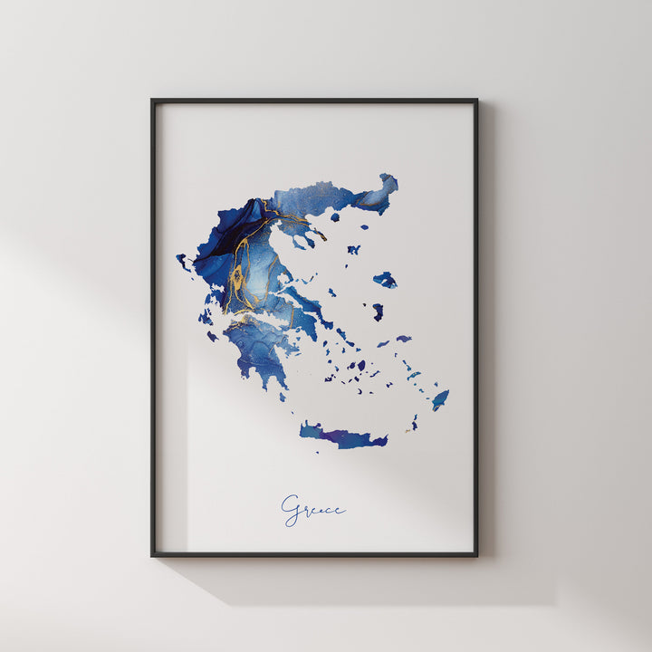 Greece Map Blue and Gold Wall Art Print