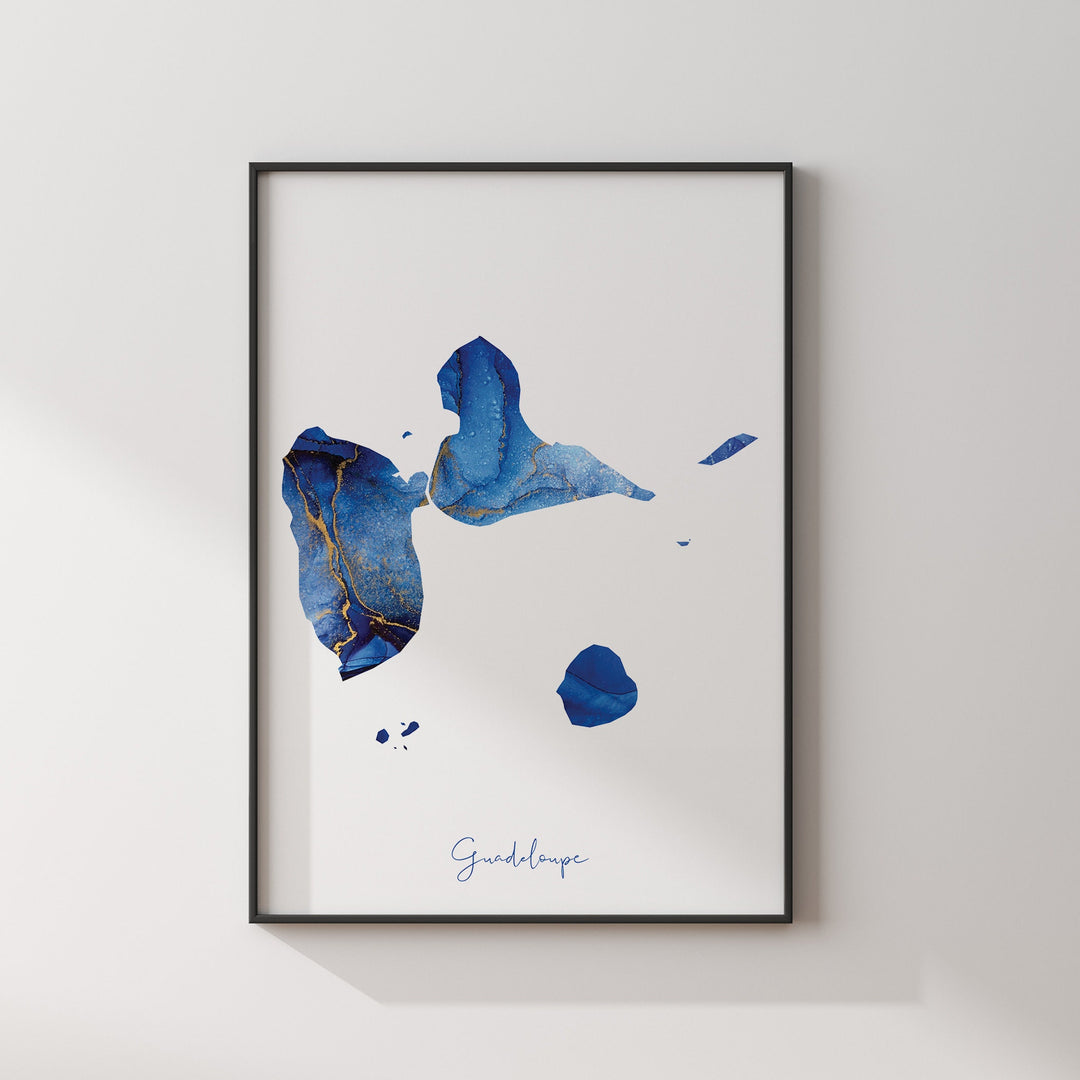 Guadeloupe Map Blue and Gold Wall Art Print
