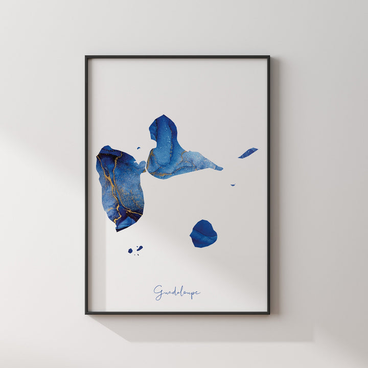 Guadeloupe Map Blue and Gold Wall Art Print