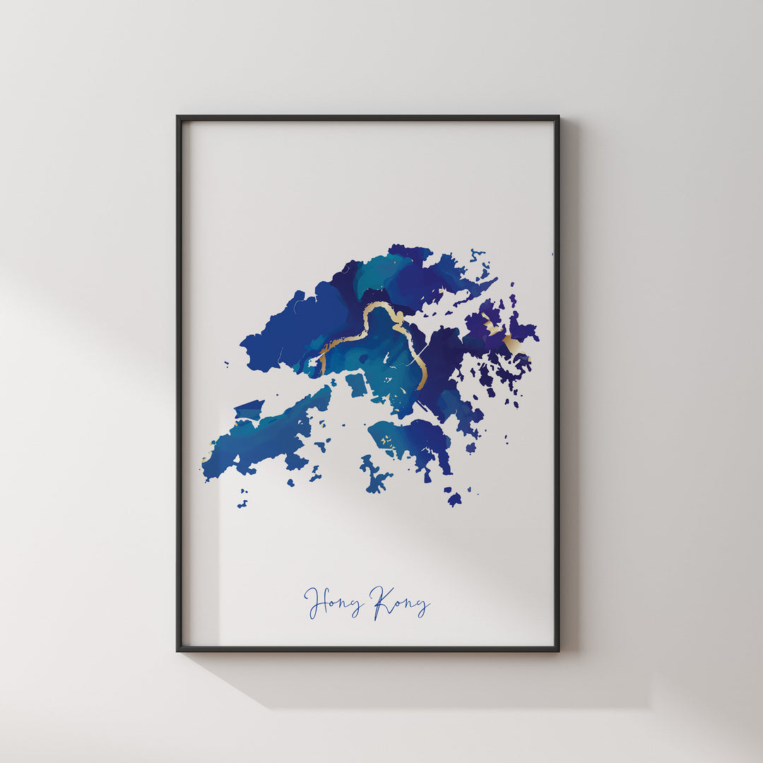 Hong Kong Map Blue and Gold Wall Art Print