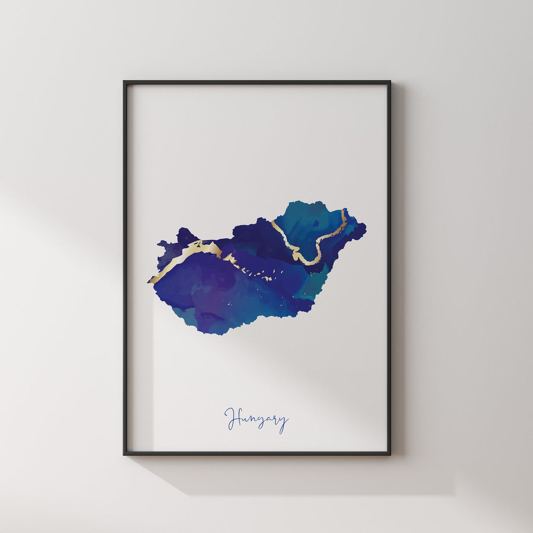 Hungary Map Blue and Gold Wall Art Print