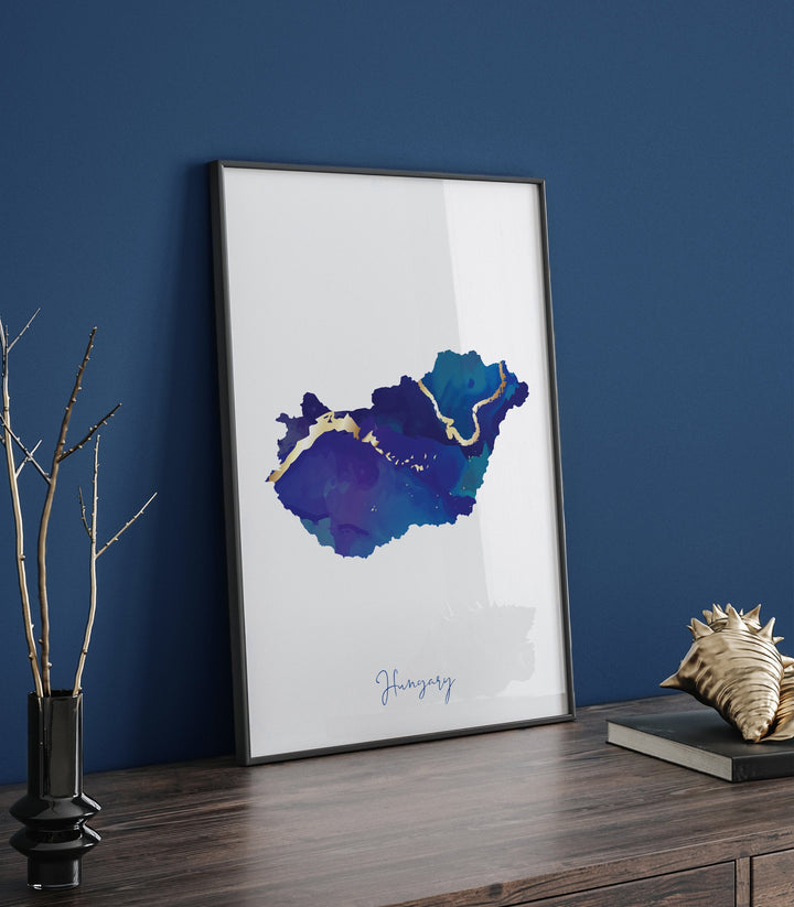 Hungary Map Blue and Gold Wall Art Print