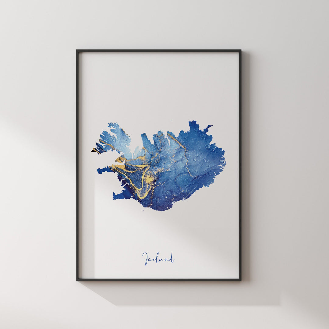 Iceland Map Blue and Gold Wall Art Print