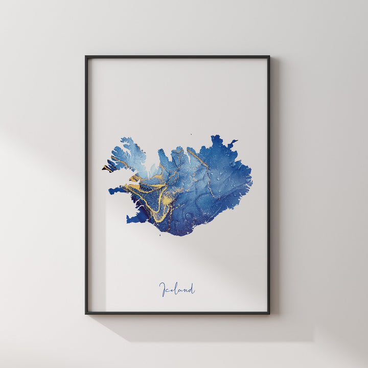 Iceland Map Blue and Gold Wall Art Print