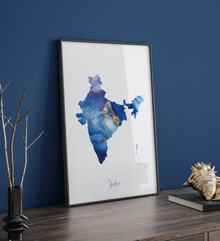 India Map Blue and Gold Wall Art Print