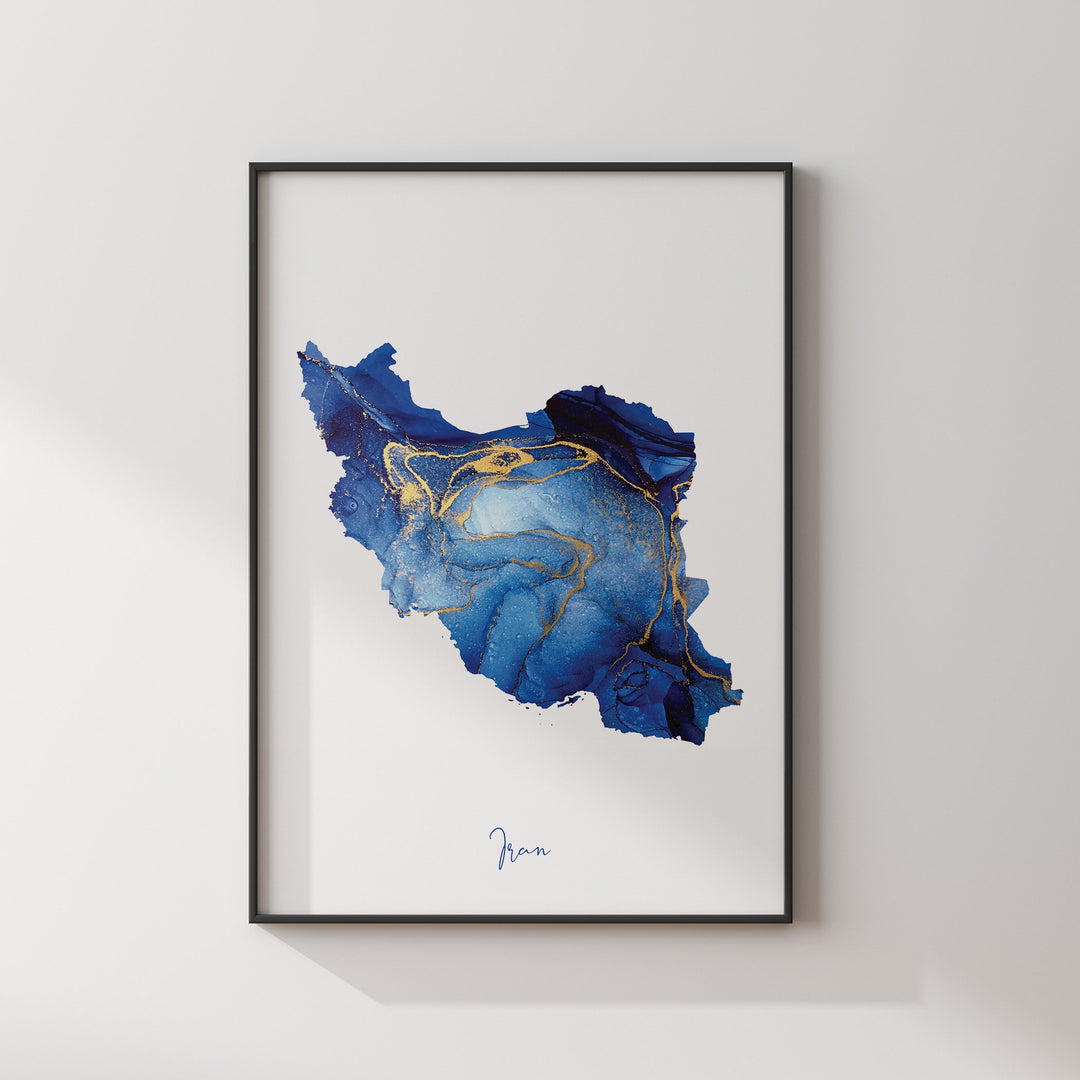Iran Map Blue and Gold Wall Art Print