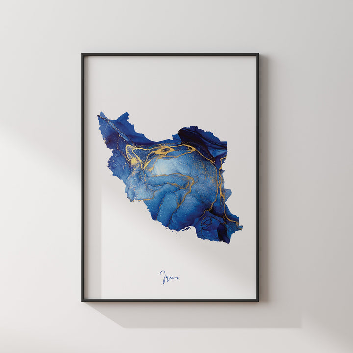 Iran Map Blue and Gold Wall Art Print
