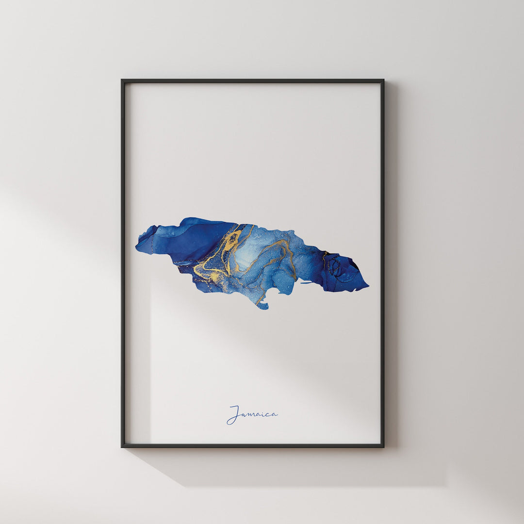 Jamaica Map Blue and Gold Wall Art Print