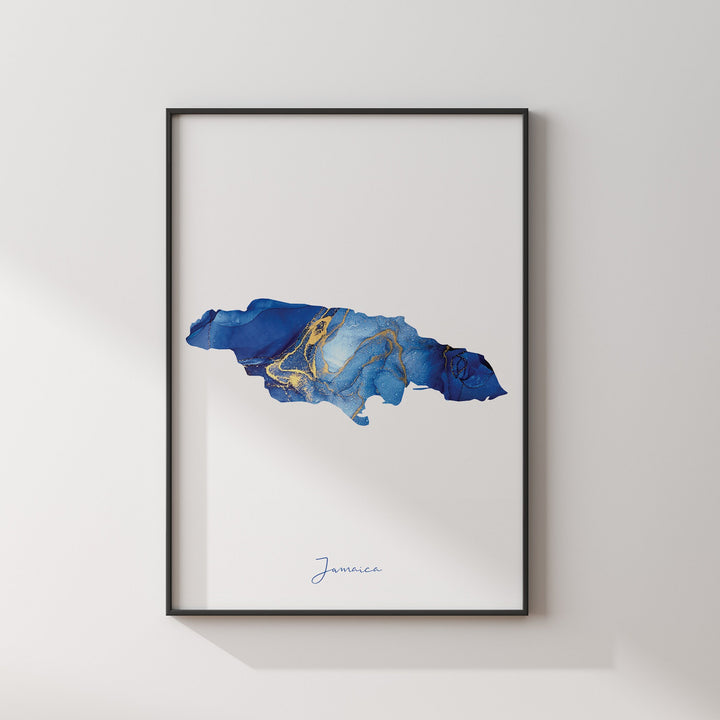Jamaica Map Blue and Gold Wall Art Print