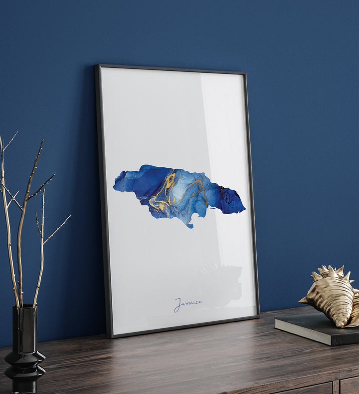 Jamaica Map Blue and Gold Wall Art Print
