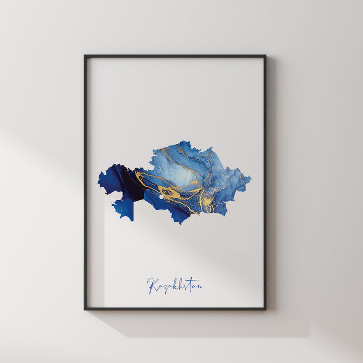 Kazakhstan Map Blue and Gold Wall Art Print