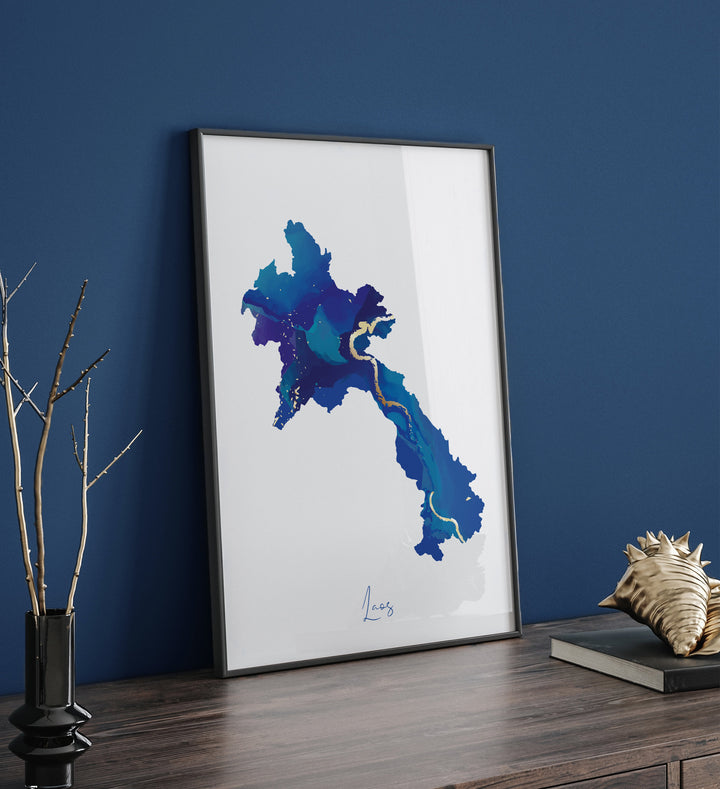 Laos Map Blue and Gold Wall Art Print