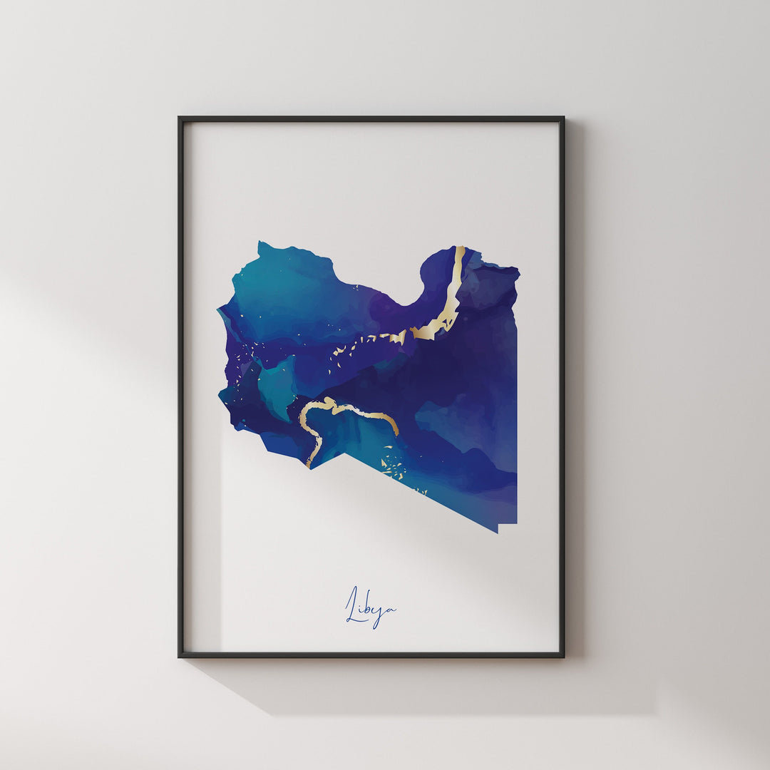 Libya Map Blue and Gold Wall Art Print