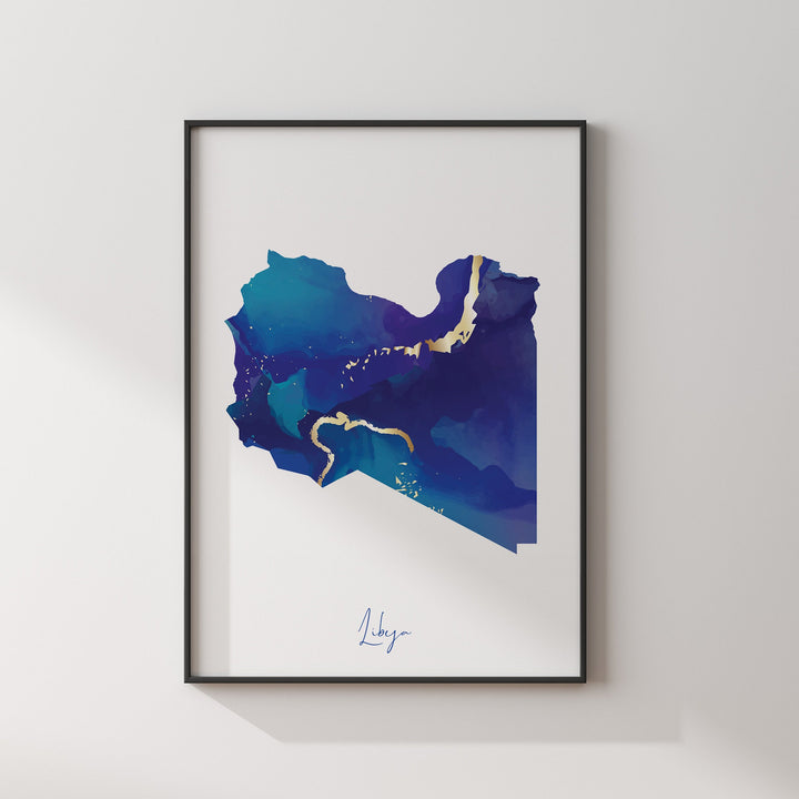 Libya Map Blue and Gold Wall Art Print