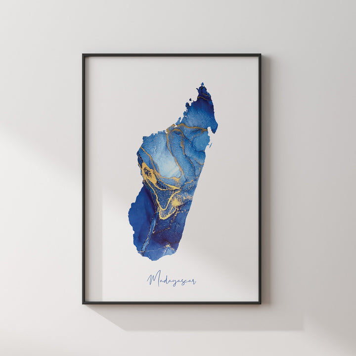 Madagascar Map Blue and Gold Wall Art Print