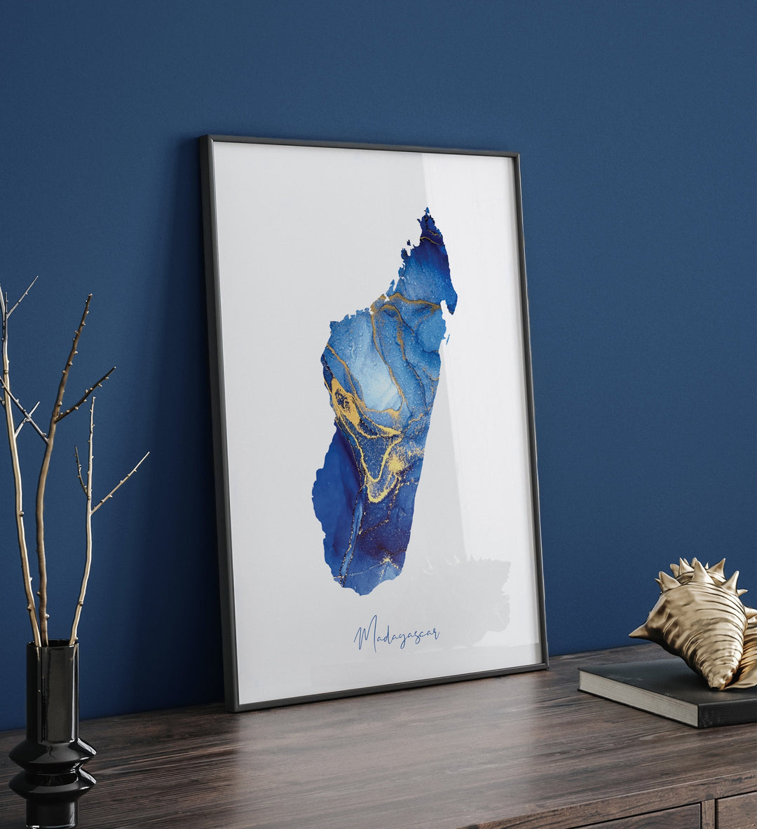 Madagascar Map Blue and Gold Wall Art Print