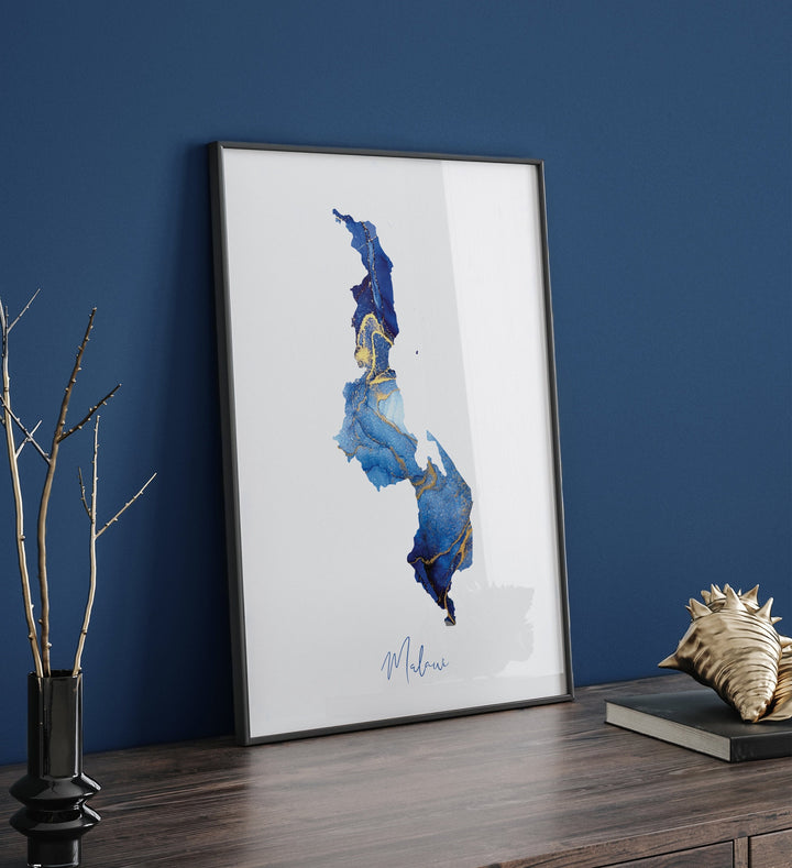 Malawi Map Blue and Gold Wall Art Print