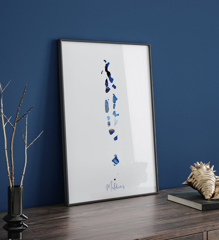 Maldives Map Blue and Gold Wall Art Print