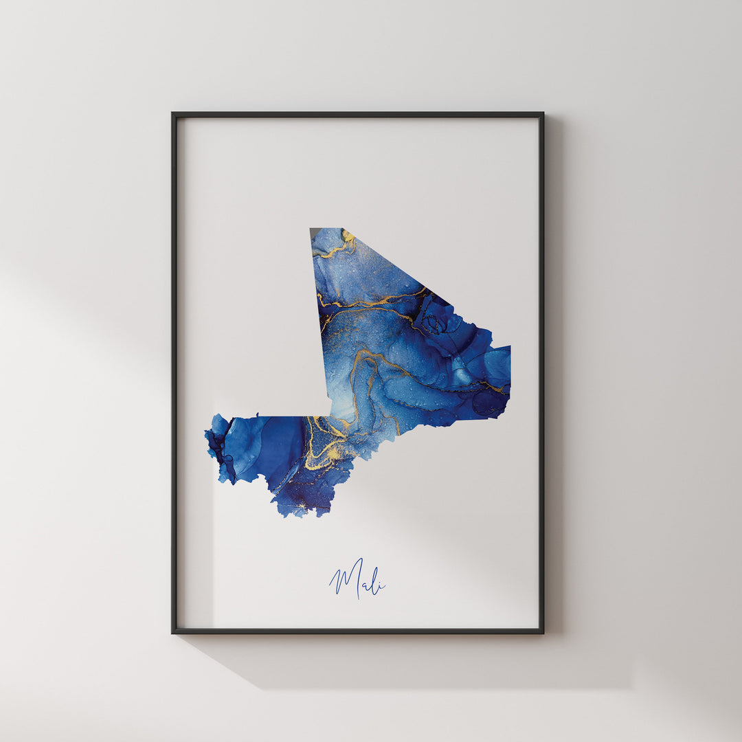 Mali Map Blue and Gold Wall Art Print
