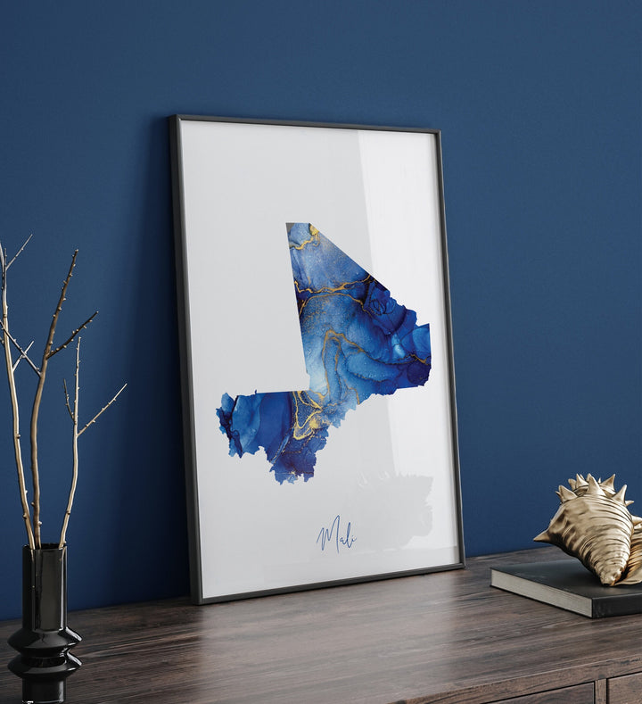 Mali Map Blue and Gold Wall Art Print