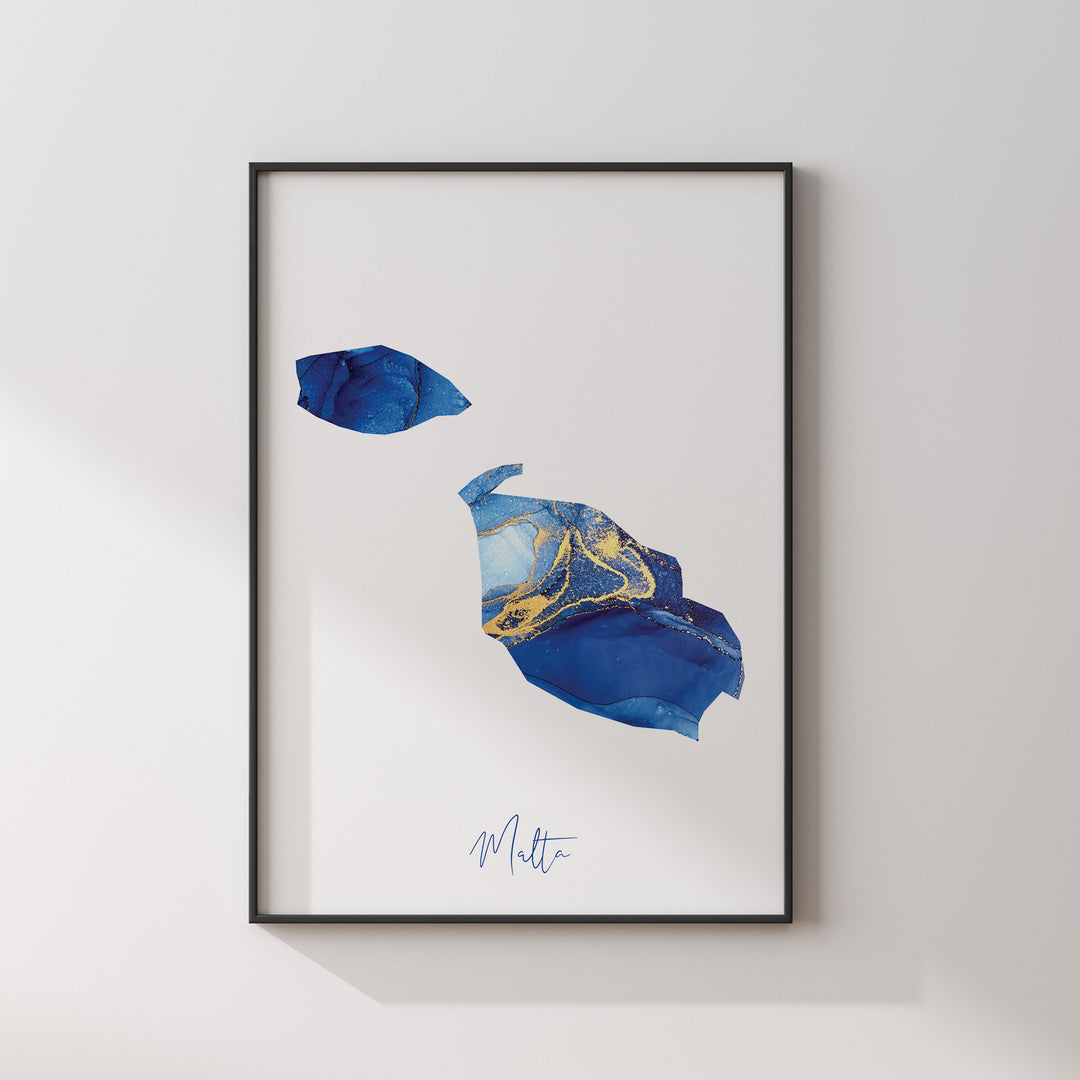 Malta Map Blue and Gold Wall Art Print