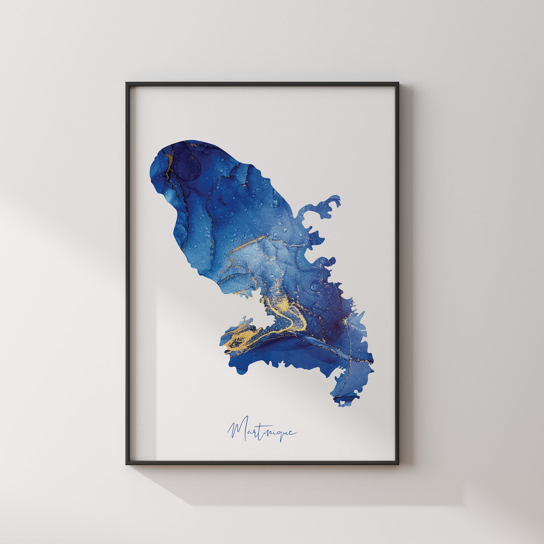 Martinique Map Blue and Gold Wall Art Print