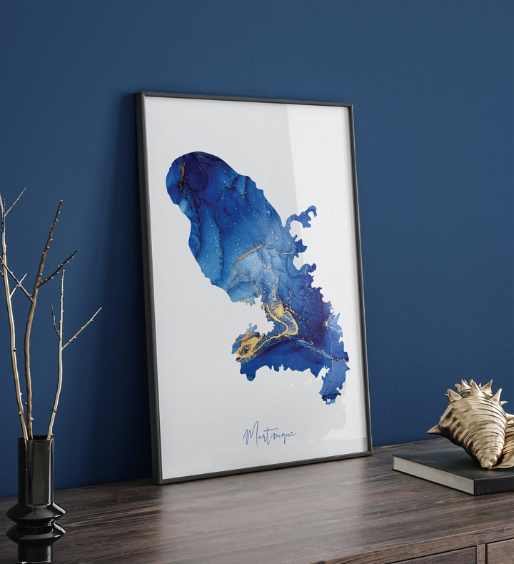 Martinique Map Blue and Gold Wall Art Print