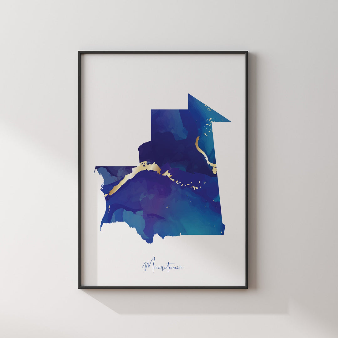 Mauritania Map Blue and Gold Wall Art Print