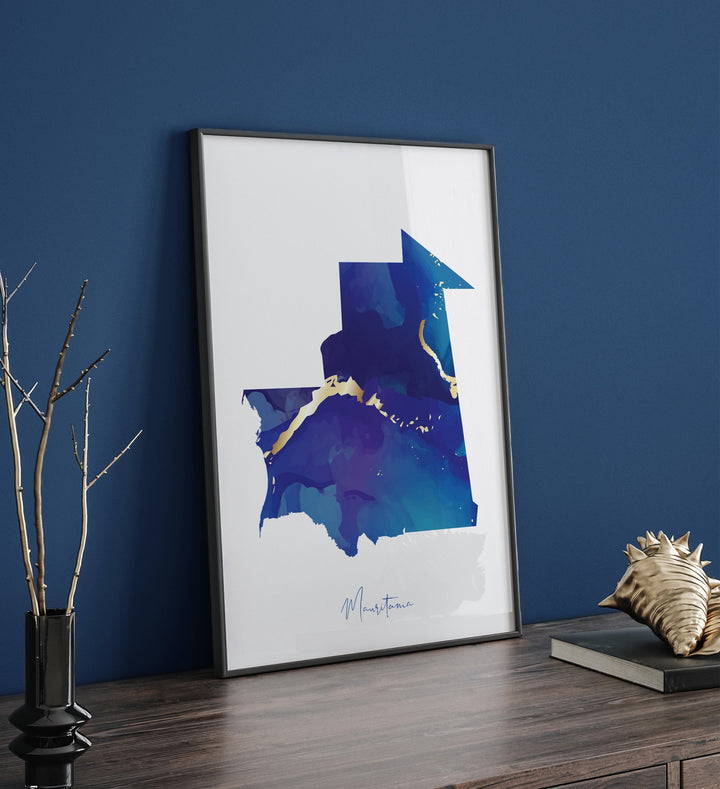 Mauritania Map Blue and Gold Wall Art Print
