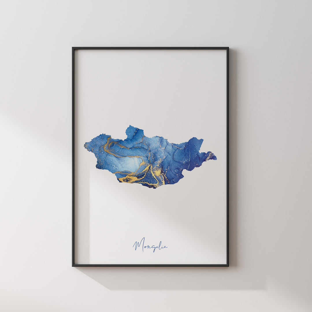 Mongolia Map Blue and Gold Wall Art Print