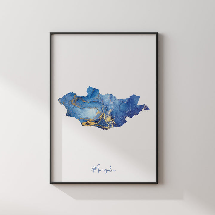 Mongolia Map Blue and Gold Wall Art Print